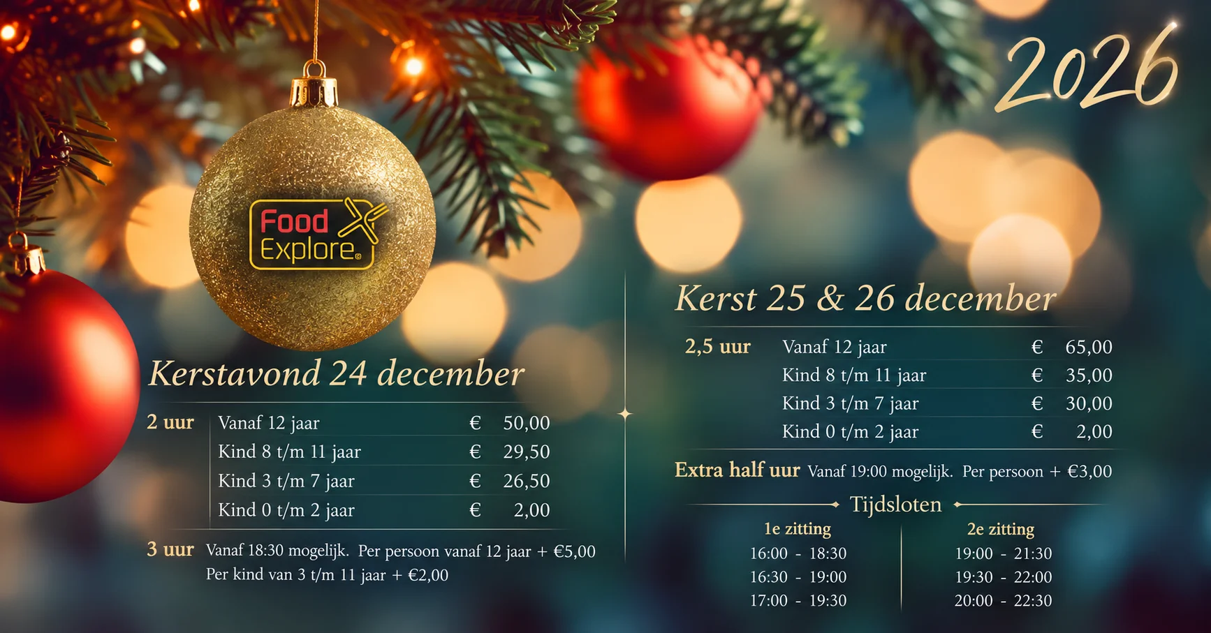 Kerstprijzen FoodExplore 2026 - Kerstavond 24 december en kerst 25 & 26 december